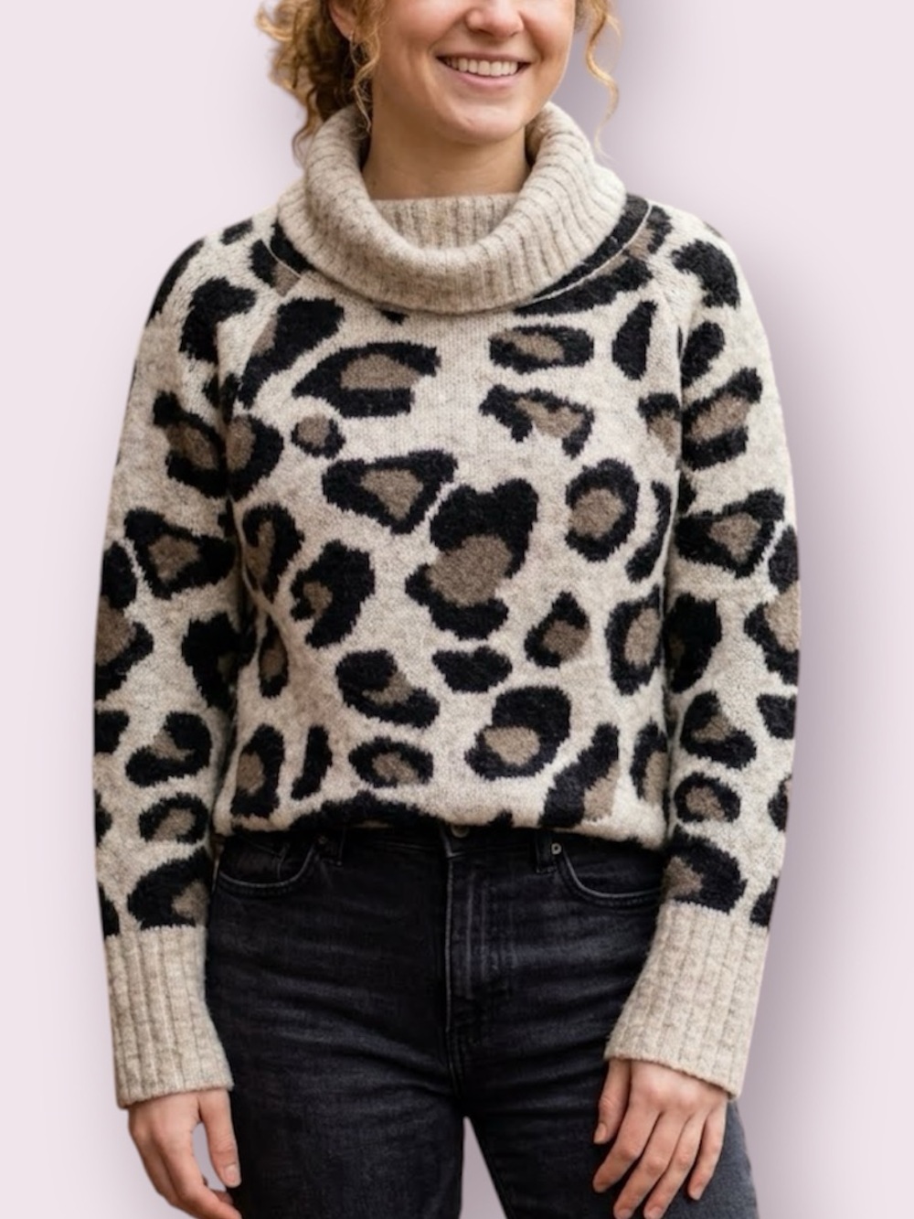 NWT RD Style Plush Leopard Print Cowl Turtleneck Pullover Sweater Oversize Small